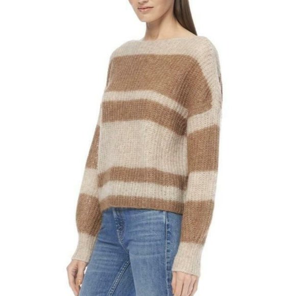 360 SWEATER Pullover S Boxy Colorblock Stripe Alpaca Wool Knit Gold Camel NEW - Picture 4 of 7